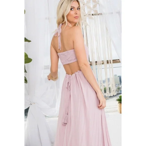 SOLD OUT Bohemian Mauve Smocked Halter Open Back Tiered Ruffle Skirt Maxi Dress - Picture 3 of 6